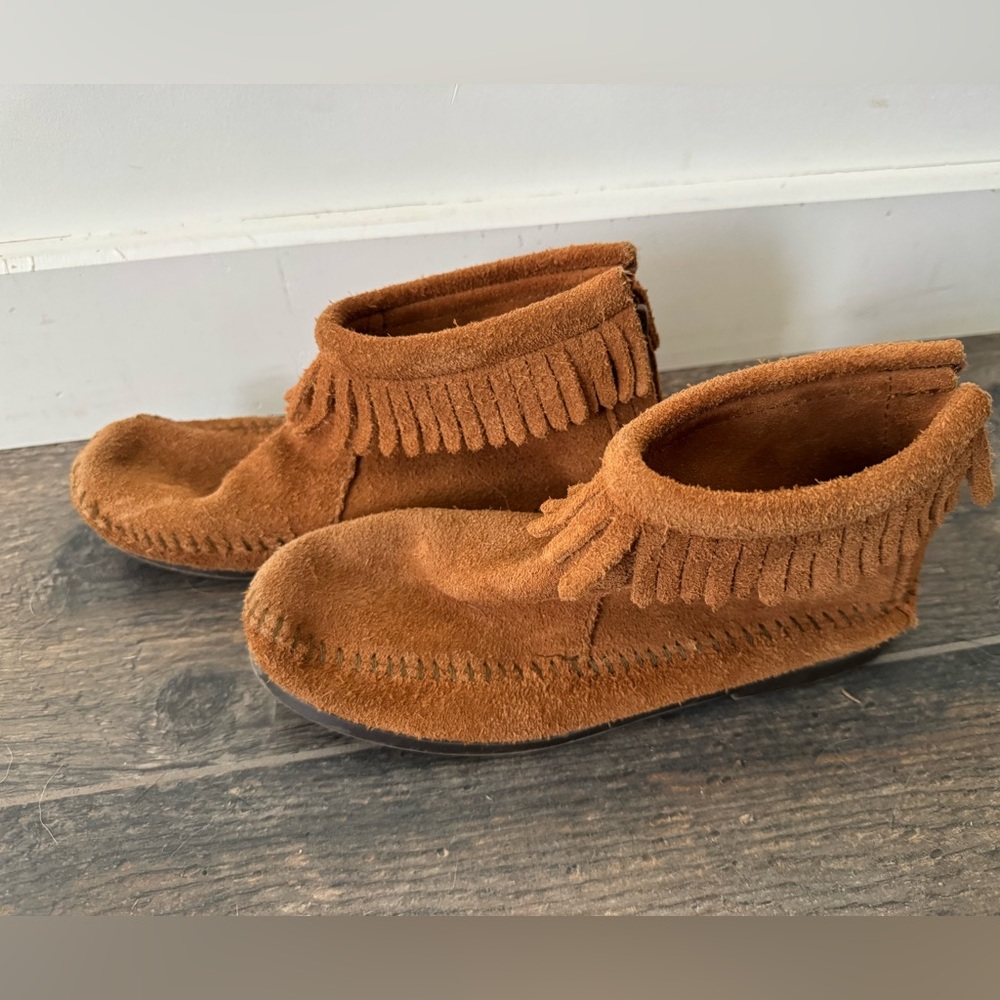Minnetonka Tan Kids Moccasins with Fringe